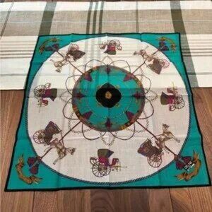 Celine Teal and Cream Handkerchief/Scarf with Equestrian Motif (18" x 18")